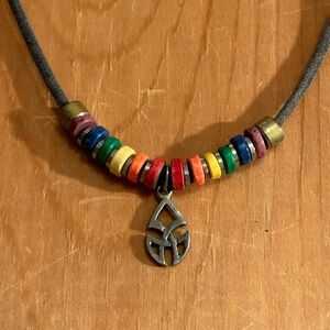 Handmade Y2K Rainbow Bead Cord Necklace Tribal Pendant Adjustable Early 2000s
